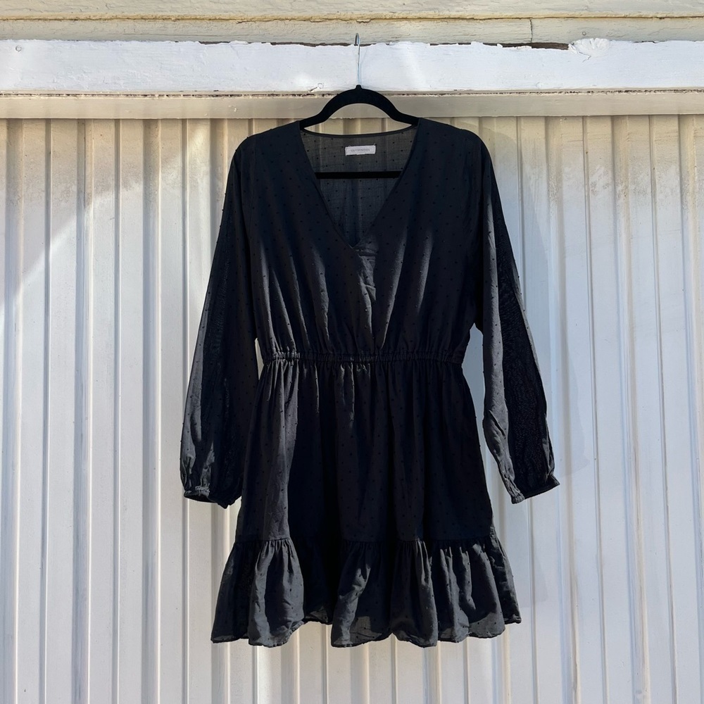 OUTERKNOWN black semi‎ sheer Swiss dot long puff sleeve mini dress
